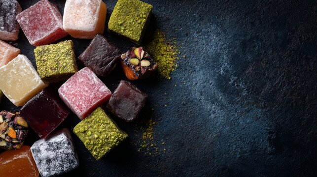 top view of assortment of Turkish delights on dark background