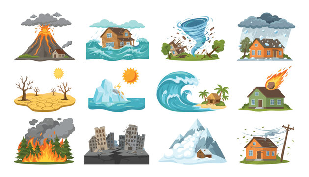 Natural disaster vector illustration set featuring climate cataclysms volcano eruption flood tornado earthquake tsunami wildfire and extreme weather scenes