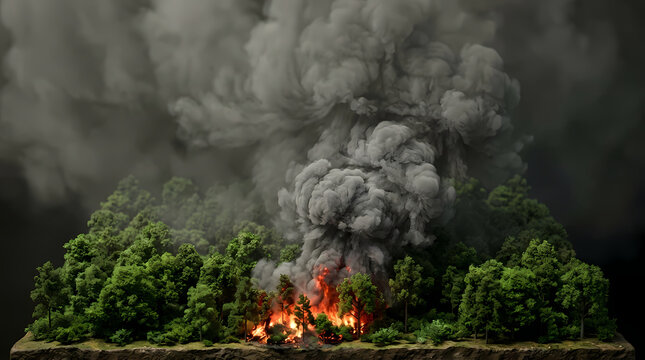 A raging wildfire consumes a dense forest, sending thick plumes of dark smoke billowing into the sky, a stark depiction of environmental destruction and the devastating power of nature's fury.
