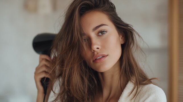 A beautiful woman in bathrobe dries her hair with a hairdryer