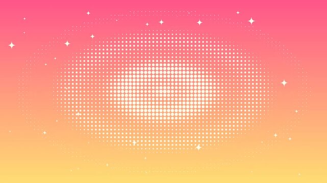 Abstract pink and orange gradient background with pulsating halftone dot pattern and twinkling stars. This seamless magical motion graphic loop is perfect for retro pop art video designs.