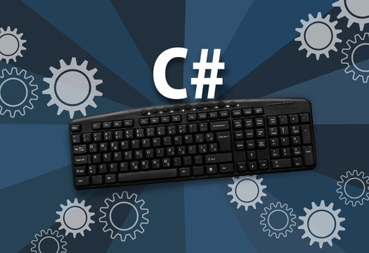 C# programming language. Word c sharp and pc keyboard.
