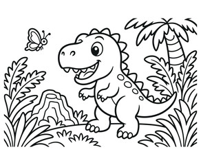 Cute cartoon dinosaur coloring page for kids with jungle background. © LineBloom