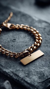 close up of golden chain bracelet with blank plate with copy space