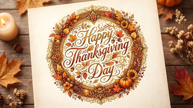 Thankful hand lettered calligraphy with autumn leaves for seasonal greeting cards