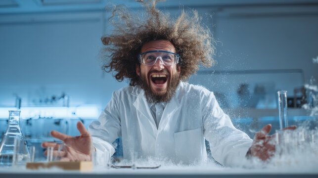 Mad scientist laughing while conducting experiment