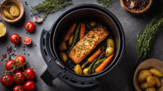 top view of healthy dinner prepared in air fryer
