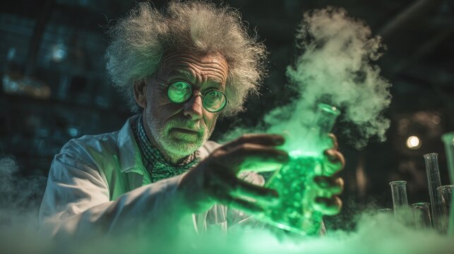 Mad scientist holds glowing green beaker emitting smoke in dark lab