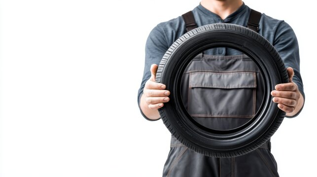 Tire salesman holding tire isolated on white background