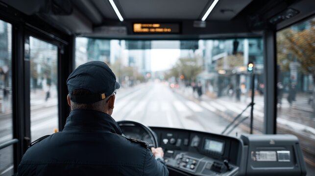 back view of driver in uniform driving modern public bus in modern city