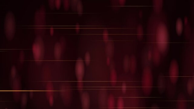 Abstract dark red background with floating oval anamorphic bokeh and horizontal golden light flares. This seamless motion graphic loop is perfect for elegant cinematic video designs.