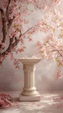 A pastel pink scene with cherry blossom branches framing a pedestal