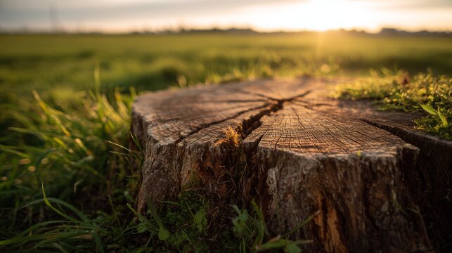 Close-up of a tree stump in a sun-drenched green field