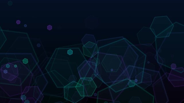 Abstract dark background with floating bioluminescent green and purple hexagonal bokeh shapes. This seamless motion graphic loop is perfect for science or technology video designs.
