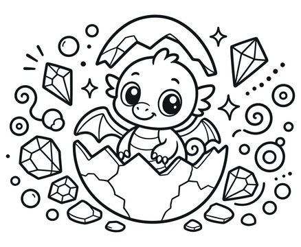 Cute baby dragon hatching from an egg line art coloring page.