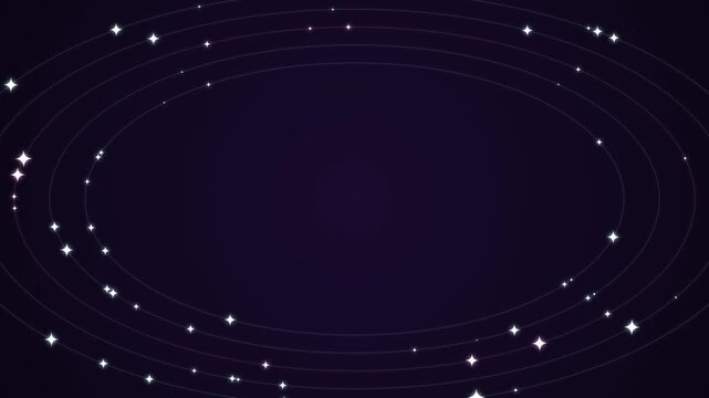 Abstract dark purple space background with glowing stars orbiting on elliptical paths. This seamless celestial motion graphic loop is perfect for astrology or magical video designs.