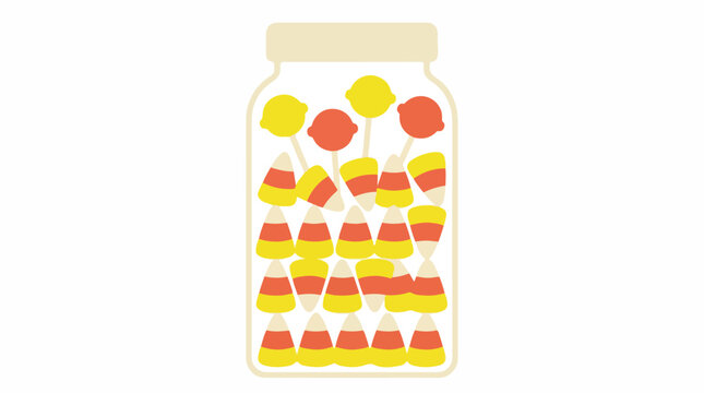 A simple glass jar filled with colorful candy corn and lollipops, lemon yellow and coral and cream color palette, sweet and festive mood, trace optimized, minimalist flat vector artwork, clipart