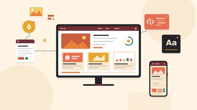 Web design workspace with monitor, smartphone, typography, color palette, code and image cards connecting on cream background
