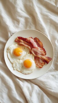 Bacon and fried eggs on the plate, breakfast concept