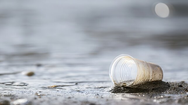 Plastic cup in wet river sand with blurred grey water
