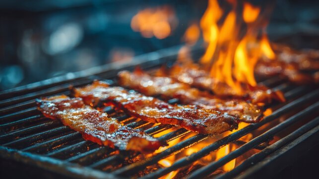 Grilled bacon on barbecue grill with flames, outdoor cooking concept