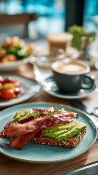 brunch table with crispy bacon, avocado toast and coffee