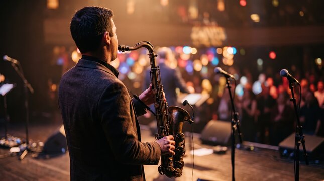 Saxophone player performing on stage at live concert event, jazz music performance atmosphere, musician entertainment industry concept, audience crowd background bokeh lights