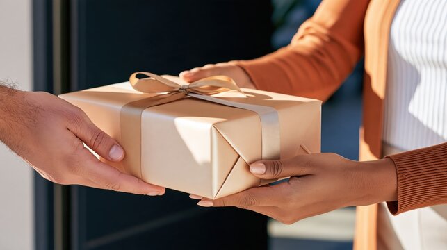 Close up of hands exchanging a beige gift box with ribbon bow, warm sunlight highlighting skin tones and soft fabric textures