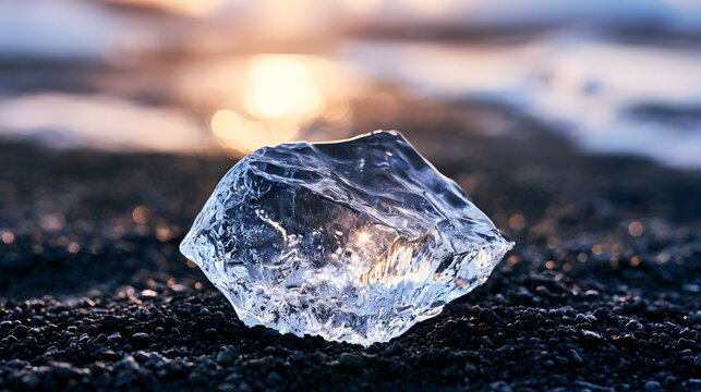 Melting ice chunk on black sand beach with sunset glow