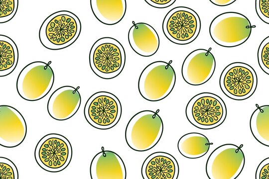 Seamless pattern of passion fruit illustrations with yellow and green gradient

