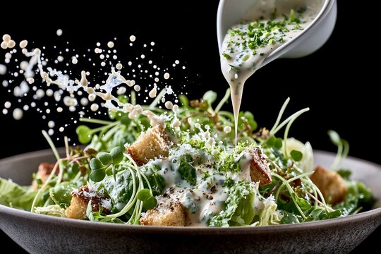 Dynamic dressing splash being poured over a fresh caesar salad on black background