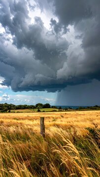 Dramatic storm clouds gather over a golden wheat field by the sea.