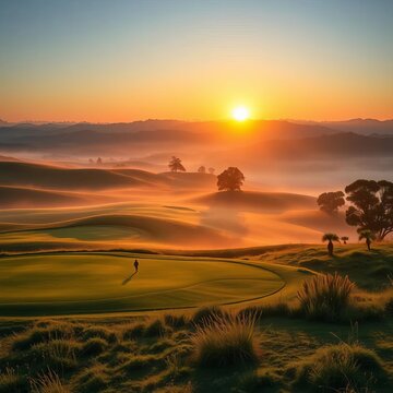 Early morning mist clings to rolling hills as sun rises over golf greens, casting golden glow, dramatic sky, misty landscape
