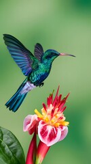 Fototapeta premium Hummingbird hovering near blooming tropical flower macro photo