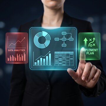 Business optimization technology showing connected analytics, performance measurement, strategic planning, and implementation decision workflows