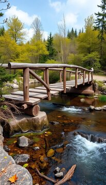 Rustic wooden bridge spanning a babbling brook, babbling, ||bridge