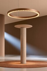 Obraz premium Modern circular pendant light with warm led glow above textured column on round rug in minimalist beige interior with soft spotlight