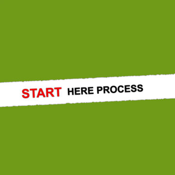 Start here process text on torn white paper banner with green background