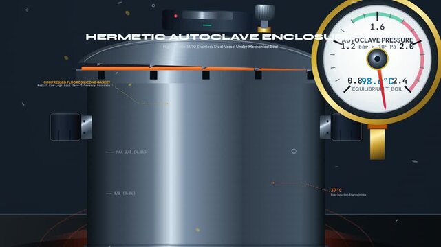 3D scientific visualization of autoclave pressure cooker dynamics, illustrating hermetic enclosure, phase transition, superheated steam, and collagen denaturation hydrolysis into gelatin peptides
