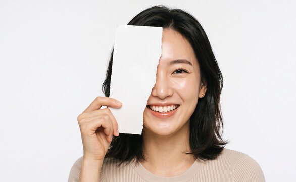 Portrait of beautiful Asian woman holding blank white paper over her face