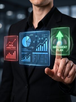 Enterprise analytics interface demonstrating data driven planning, business performance optimization, and strategic implementation management