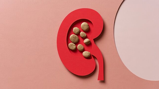 Paper cut red kidney model with kidney stones inside, urinary system disease medical health education flat concept