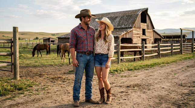 Smiling cowboy and cowgirl standing together on rural ranch farm homestead