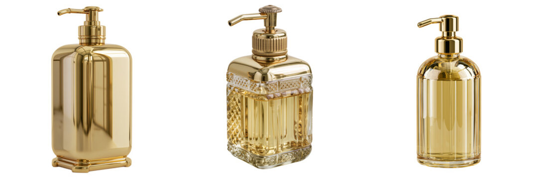 Set of Modern rectangular soap dispenser in polished gold metal with a classic pump top on transparent png background. Ai generated