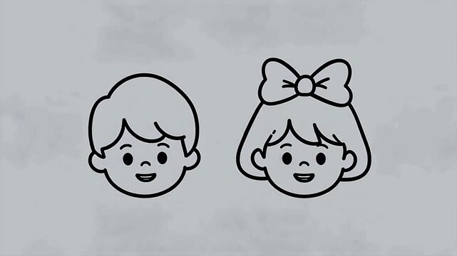 Black and white line drawing of two smiling cartoon children heads on a solid background