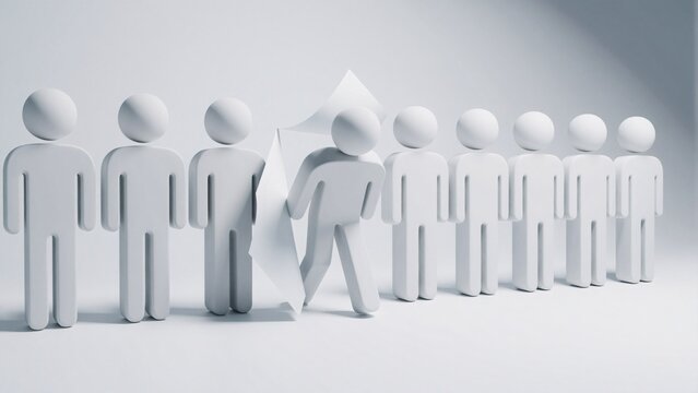 A minimalist 3D figure breaking away from a uniform line of paper cutouts, symbolizing individuality, freedom, leadership, and choice with subtle studio lighting.