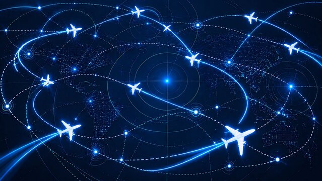 Abstract digital visualization of global air traffic flight paths on dark blue radar map