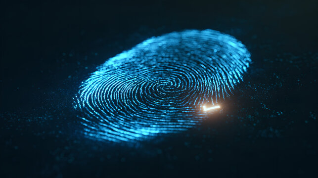 Digital fingerprint scan biometric security concept, glowing blue lines on dark background representing identity verification