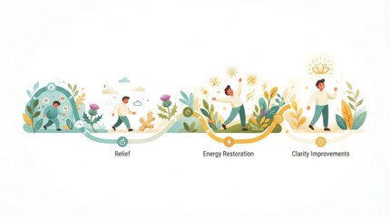 Fototapeta premium Graphic shows a journey timeline for a detox cleanse. It highlights relief, energy restoration, and clarity improvements in body wellness.