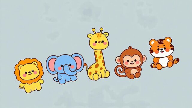 Five cartoon animals including lion elephant giraffe monkey and tiger on white background